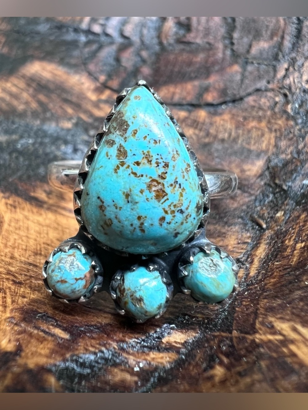 925 Sterling Silver Kingman Turquoise Cluster Ring Size 9 Teardrop Southwest